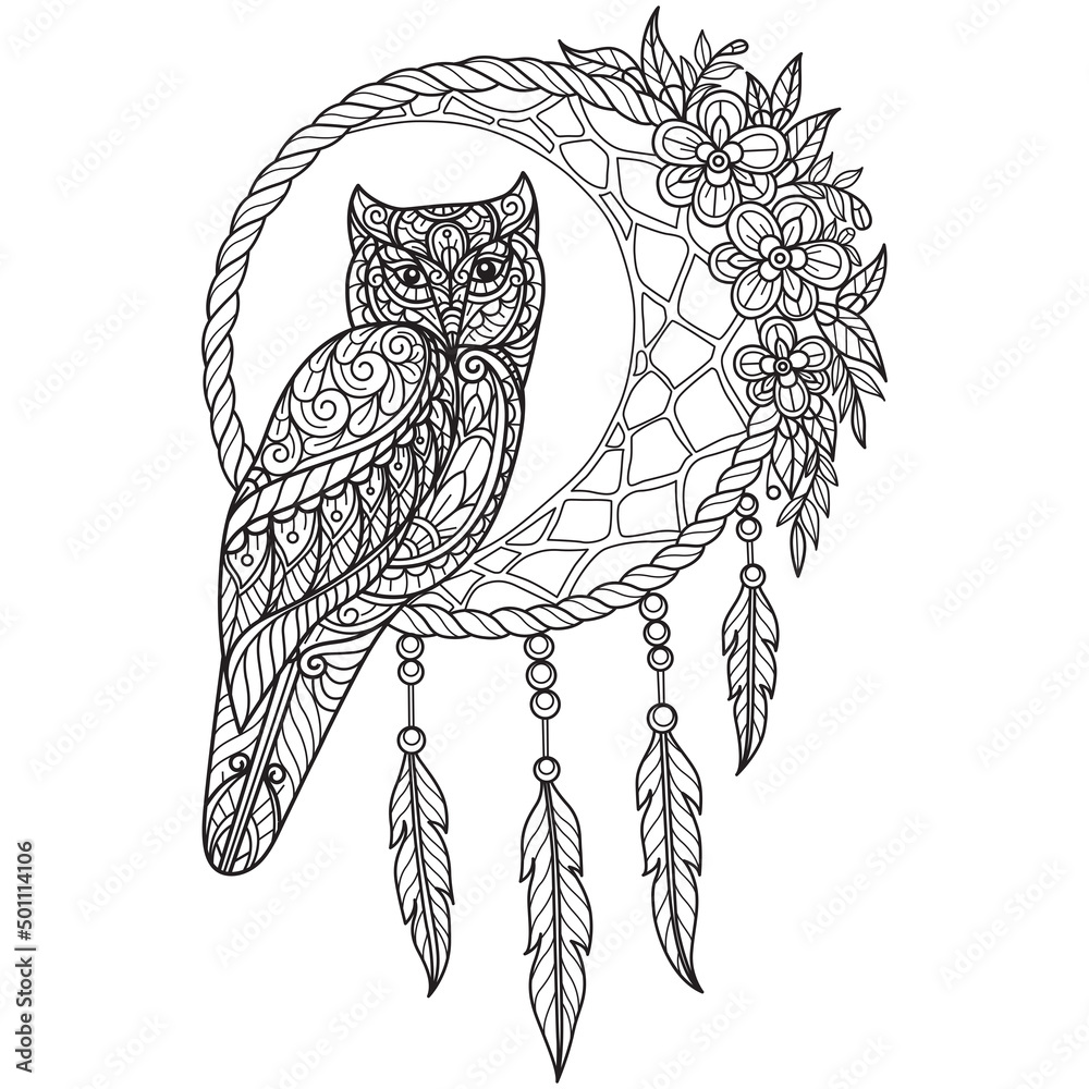 Wall mural owl and dream catcher hand drawn for adult coloring book