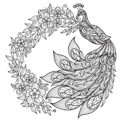 Peacock and wreath of flowers hand drawn for adult coloring book