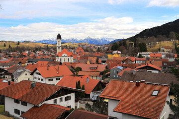 Fototapeta na wymiar Top view of the village Nesselwang. The Alps. Bavaria, Germany, Europe.
