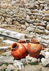 Historic clay jugs in town Nessebar, Bulgaria