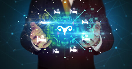 Hand holding healthcare icons concept