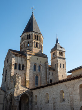 Walls and towers being the last remaining corner of the enormous abbey church built in Cluny in the 1100s, Cluny, Saone-et-Loire, Burgundy, France