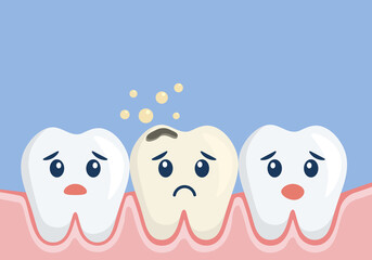 Dental cavity concept. Smiling healthy teeth with sad decay tooth. Dental problem. Toothache.