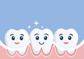 Obraz premium Dental hygiene. Clearning teeth with dental floss. Cute flat design.