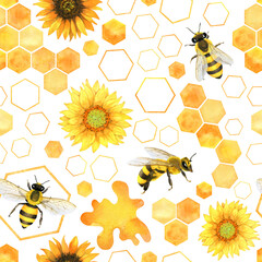 Honeybee seamless pattern with sunflowers, honeycombs, watercolor repeat pattern