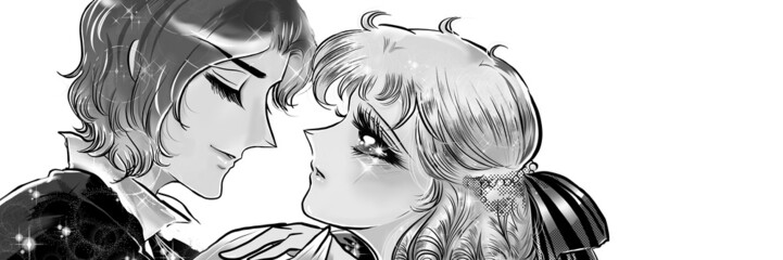 70年代少女漫画イケメン王子様からプロポーズされる金髪縦ロールでリボンをつけたお姫様の白黒イラスト