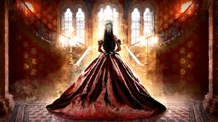 The silhouette of a beautiful princess bride in a red luxurious dress, she has a silver crown, standing in front of a beautiful forest with golden sun rays from the castle windows. 2d oil art.