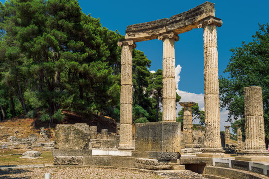 Ancient Olympia, archaeological site with Philippeion circular memorial columns, UNESCO World Heritage Site, Olympia