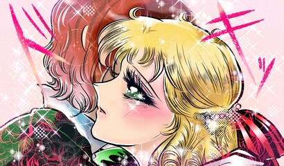 70年代少女漫画かっこいい王子様に突然抱きしめられる金髪縦ロール緑の瞳のお姫様の劇画イラスト © NORIMA