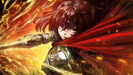A charming anime girl with red hair and orange eyes confidently and with a smile makes a crushing cut with her huge fiery sword, she is wearing plate armor and a scarlet cloak. 2d sketch art - 501115994