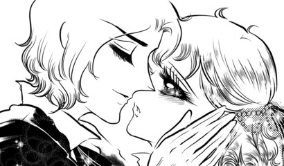 70年代少女漫画かっこいい王子様に急接近キスされる金髪縦ロールのお姫様イラストと白背景
