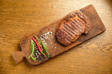 Steak. on a wooden tray