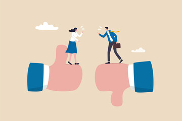Conflict and argument between colleagues, controversy or difference opinion, disagree, confrontation or rivalry fighting concept, businessman and woman furious arguing on difference thumb up and down.