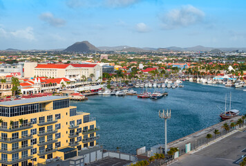 Fototapeta na wymiar Oranjestad, Aruba. Marina landscape at the cruise port. 