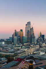 Aerial view of London City skyline at sunset taken from St. Paul's Cathedral, London