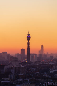 Aerial view of BT Tower at sunset, London