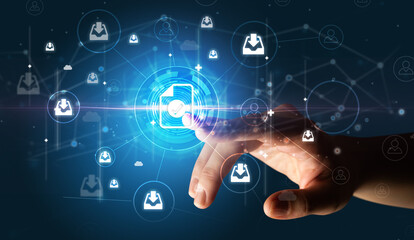 Businessman hand pressing stock graphic information on multitouch screen