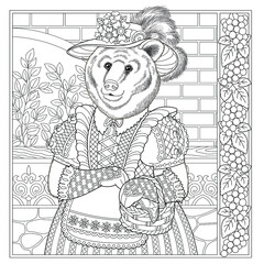 Floral adult coloring book page. Fairy tale bear. Female animal in dress with flower frame. 