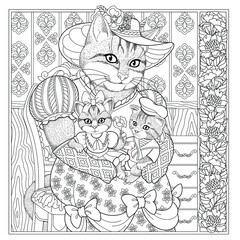 Floral adult coloring book page. Fairy tale cat. Female animal in dress with flower frame. 