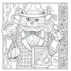 Floral adult coloring book page. Fairy tale cat. Male animal in costume with flower frame. 
