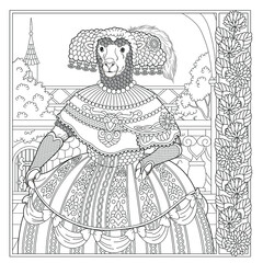 Floral adult coloring book page. Fairy tale sheep. Female animal in dress with flower frame. 
