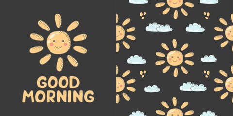 Sun. Good morning lettering. Set of vector seamless pattern and illustration of the sun