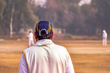 Obraz na płótnie Canvas cricket fielder looking to the batsman 