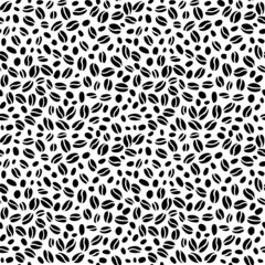 Coffee beans seamless pattern. Hand drawn black color seeds of coffee randomly placed on transparent background.