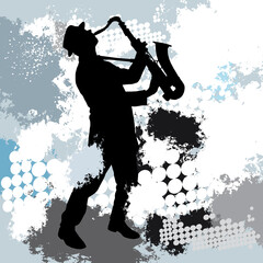 Musik graphic with saxophone player.