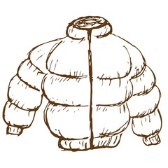 Vector line drawing of a down jacket. Rough vintage monochrome brown freehand illustration isolated on transparent background