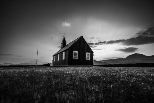 A black church known as Buoakirkja, in the Snaefellsnes peninsula, Budir, Iceland