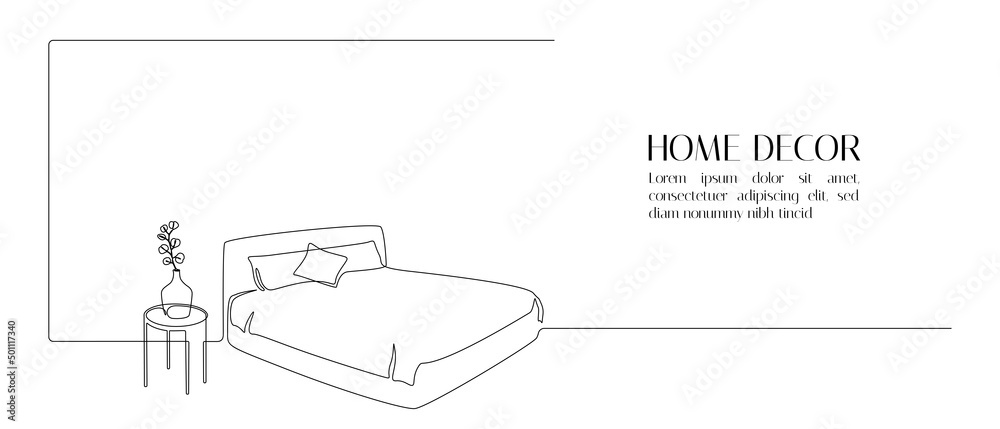 Wall mural Continuous one line drawing of double bed with pillows and table with vase and plant. Web banner with modern furniture for bedroom in simple linear style. Editable stroke. Doodle vector illustration