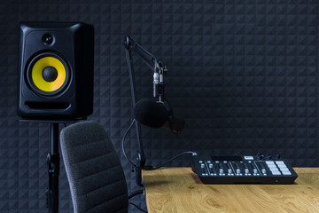 Podcast recording studio, with microphones and equalizer for recording online radio broadcasts,...