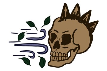 The wind blows the leaves into the face of the skull with mohawk. Rough vector cartoon colored doodle isolated on transparent background