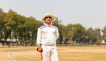 cricket team player on the stand on the match ground view  