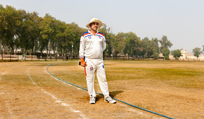 Obraz premium cricket team player on the stand on the match ground view 