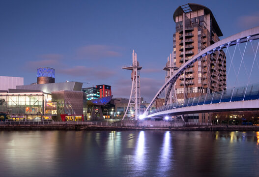 The Lowry Centre and Lowry Footbridge at night, Salford Quays, Salford, Manchester