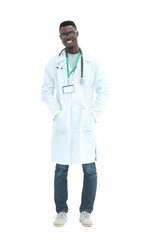 in full growth. a serious doctor in a white coat.
