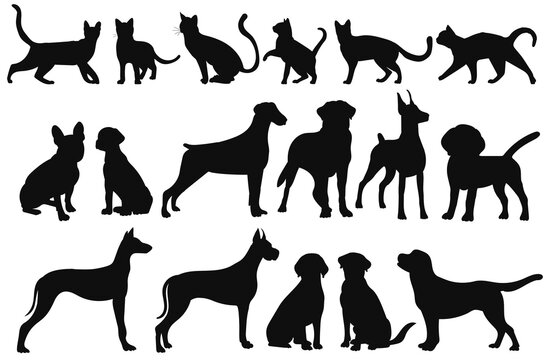 cats and dogs silhouette set, on white background, isolated, vector