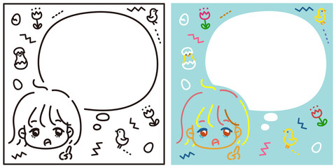 ゆるくて可愛いデフォルメキャラ、吹き出しの漫画コマ風表現イラストセット