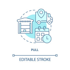 Pull turquoise concept icon. Eliminate overproduction. Lean manufacturing principle abstract idea thin line illustration. Isolated outline drawing. Editable stroke. Arial, Myriad Pro-Bold fonts used