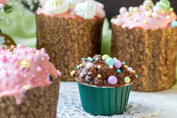 Multi-colored sprinkles on Easter cakes