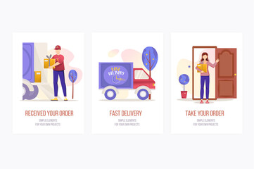 Delivery concept onboarding screens. Fast shipping, courier holding parcels and client receiving orders. Modern UI, UX, GUI user interface kit with people scene for web design. Vector illustration