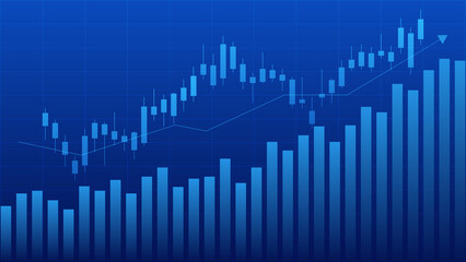 Financial business statistics with bar graph and candlestick chart with uptrend arrow show stock market price and effective earning on blue background