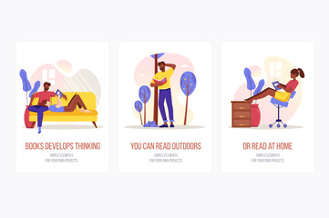 People reading book concept onboarding screens. Man and woman read at home or outdoors and develop thinking. Modern UI, UX, GUI user interface kit with people scene for web design. Vector illustration