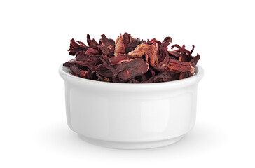 Hibiscus tea leaves in a bowl. Isolated on white