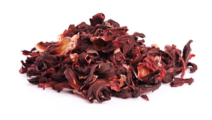 Pile of red dried hibiscus tea leaves. Karkade tea