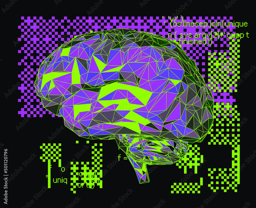 Aufkleber 3d illustration of a low-poly brain on a glitched and pixelated background. concept of the artificia