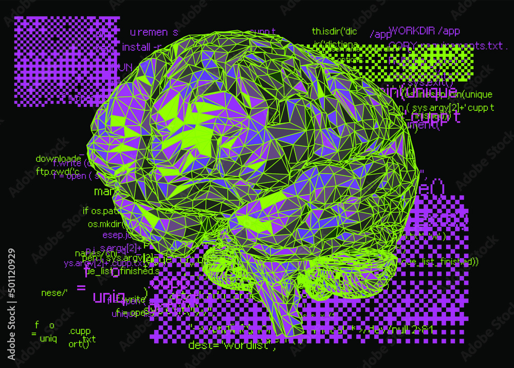 Poster 3d illustration of a low-poly brain on a glitched and pixelated background. concept of the artificia
