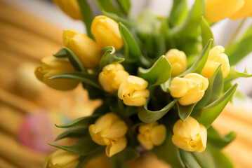 Flowers in living room interior. Bouquet of fresh tulips on a table.